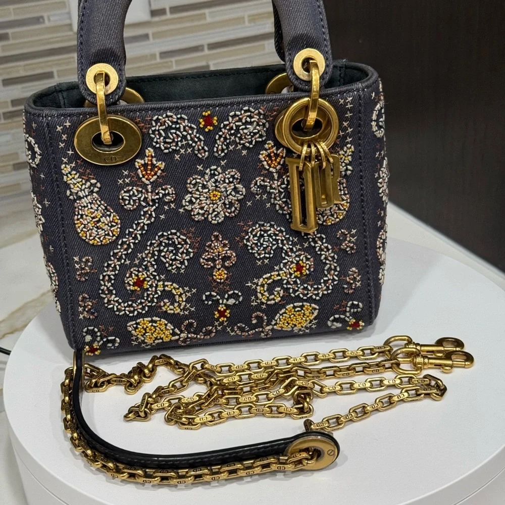 LADY DIOR DENIM ALL HAND STUDDED AND STITCHED with beautiful gold hardware SMALL - Picture 4 of 10